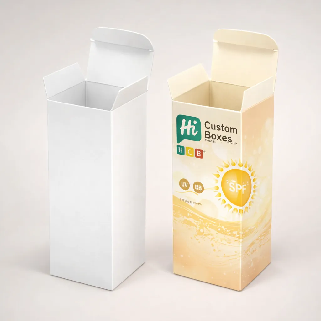 Two tall rectangular product boxes, one blank white and one printed with vibrant sunscreen branding.
